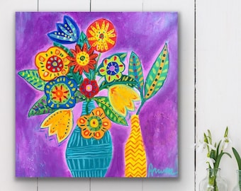 Folk art painting original, Colourful folk art, Naive painting, Handpainted canvas wall art, Outsider art original painting, Modern folk art