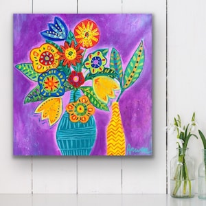 Folk art painting original, Colourful folk art, Naive painting, Handpainted canvas wall art, Outsider art original painting, Modern folk art