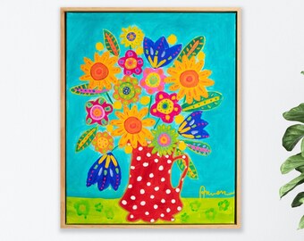 Original folk art painting framed, Handpainted canvas wall art, Folklore painting, Modern folk art, Primitive originals