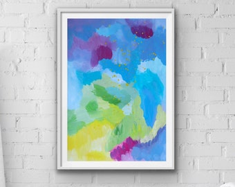 May include: Abstract painting in a white frame with a blue, green, yellow, and purple colour scheme. The painting is hanging on a white brick wall.