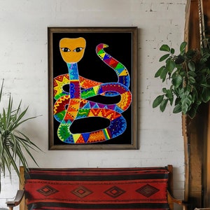 Rattlesnake print, Mexican folk art print, Snake painting, Colorful tropical wall art, Mexican wall art print, Folk art painting