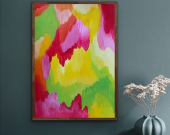 Puede incluir: Pintura abstracta con colores rosa, rojo, amarillo y verde en un patrón de remolino. La pintura está enmarcada en un marco de madera marrón.