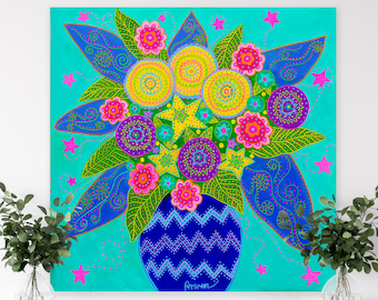 Folk art painting original, Colorful folk art, Naive painting, Folklore painting, whimsical folk art flowers, Handpainted canvas wall art