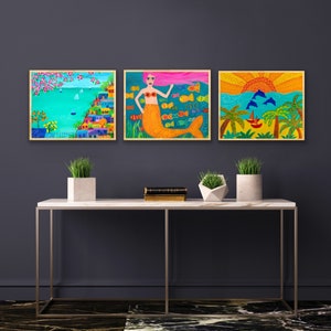 Folk art mermaid paintings, Colorful folk art painting prints, Maximalist wall art, Colorful beach painting, Boho wall art set of 3