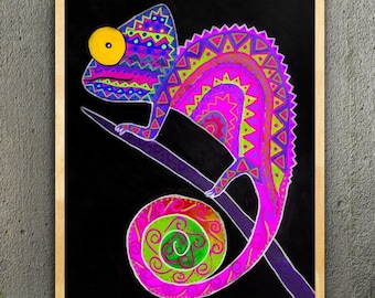 Impression caméléon, animal d'art folklorique, impression d'art folklorique mexicain, art mural tropical coloré, impression d'art folklorique 8 x 10, impression de peinture d'art folklorique colorée