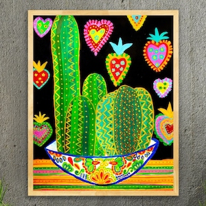 Bunte Kakteen, mexikanischer Kaktus Kunstdruck, mexikanische Kakteen, mexikanische Herzmalerei, bunte Boho Wandkunst, Kaktus Wandkunst Druck