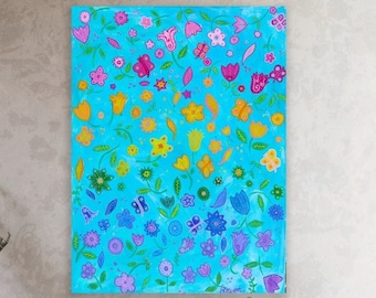 Folk art painting original, Colorful floral painting, Naive painting, Handpainted canvas wall art, Outsider art original painting