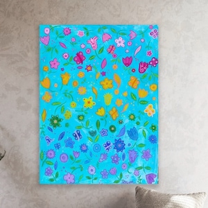 Folk art painting original, Colorful floral painting, Naive painting, Handpainted canvas wall art, Outsider art original painting