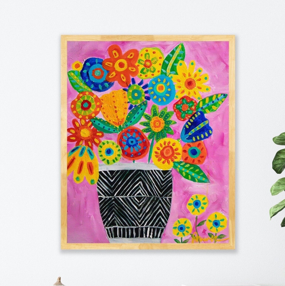 Colorful Folk Art Painting Print, Colorful Still Life, Folk Art Flower ...