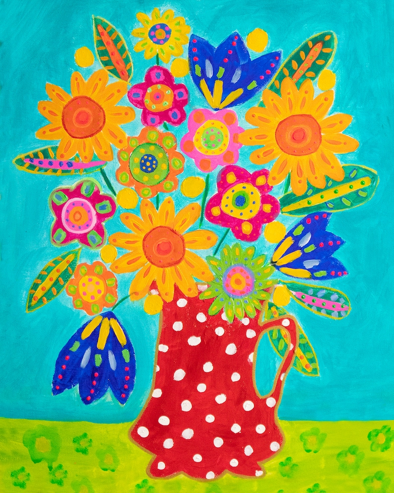 Colorful Folk Art Painting Print, Colorful Still Life, Folk Art Flower ...