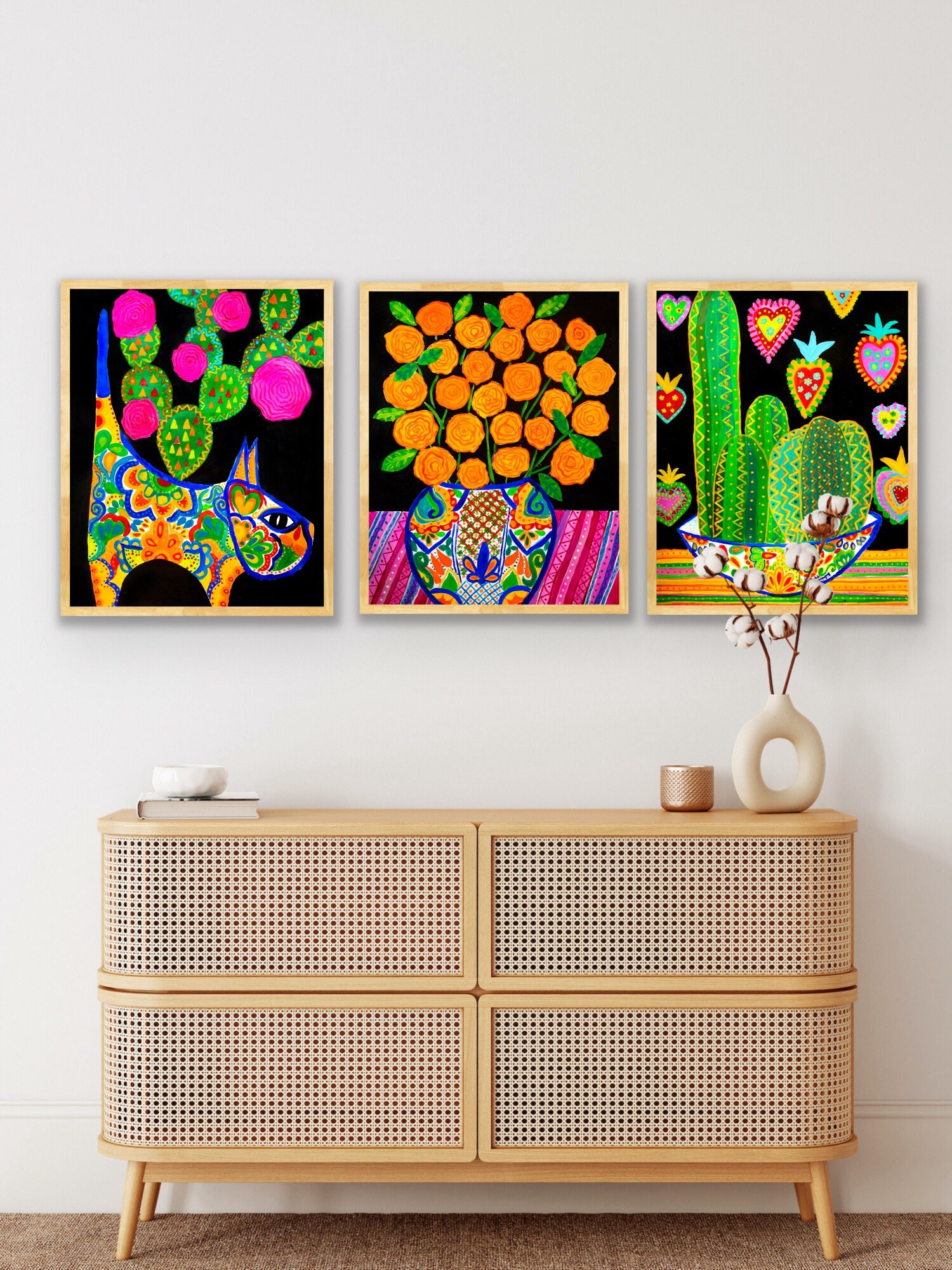 Folk Art Painting Cacti, Mexican Folk Art Prints, Boho Wall Art Set of ...