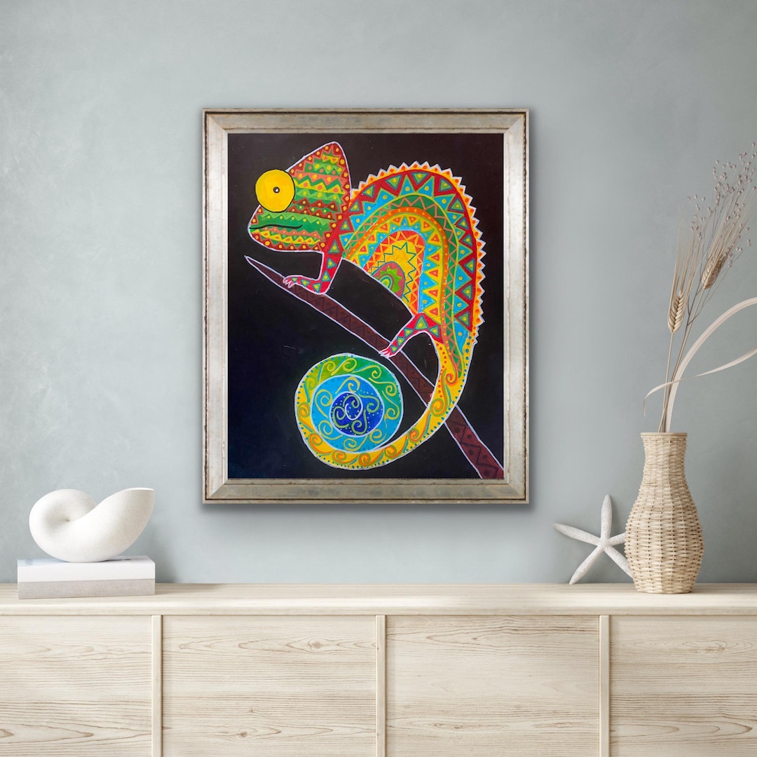 Chameleon Painting on Paper, Original Folk Art Painting, Whimsical Folk ...