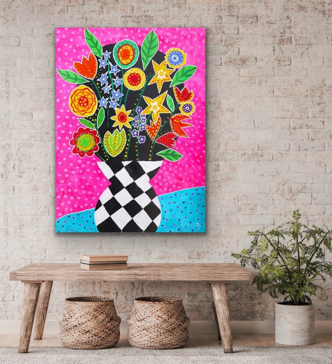 Folk Art Painting Original Artwork, Scandinavian Folk Art Whimsical