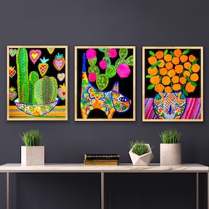 Folk art painting cacti, Mexican folk art prints, Boho wall art set of 3, Mexican cactus poster, Maximalist wall art set, Colorful folk art