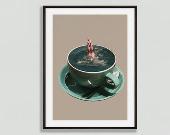 Mug Diver Wall Print, Surreal Wall Print, Digital Download, Printable, Collage Art, Vintage Poster, Collage Print, Surrealism, Coffee Print