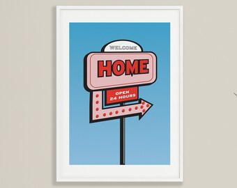 Välkommen hem-skylt konsttryck, retroposter, trendigt väggtryck, digital nedladdning, utskrivbart, retroväggkonst, retroposter, motellskyltposter