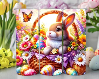 Easter Rabbit in Basket Tumbler, Easter Tumbler, Easter Gift for Her, Easter Basket Gift, Garden Tumbler, Flower Tumbler, Spring Tumbler