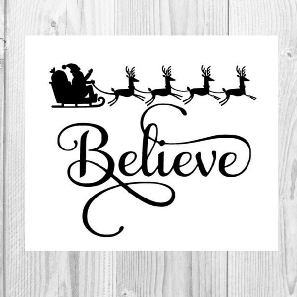 Santa Sleigh with Reindeers Believe Vinyl Decal | Santa Decal | Reindeer Decal | Believe Decal | Christmas Decal | Merry Christmas Decal