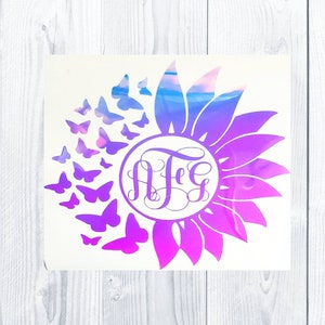 Holographic Butterfly Sunflower  Decal | Sunflower Decals || Vinyl Decals || Monogram Decals || Monograms | Car Decal | Sunflowers || Decals