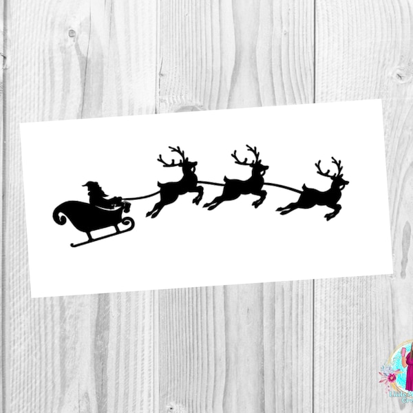 Santa Reindeer Sleigh Vinyl Decal, Santa Sleigh Decal, Santa Decal, Reindeer Decal, Christmas Sticker, Sleigh Decal, Flying Reindeers Decal