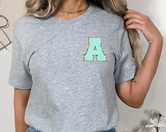 Glitter Patch Initial Tshirt | Glitter Varsity Letter Tshirt | Initial Tshirt | Chenille Patch Tee | Embroidered Patch | Monogrammed Tshirt