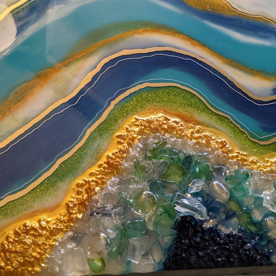 12x16 Blue and Gold piece geode inspired wall art époxy Etsy