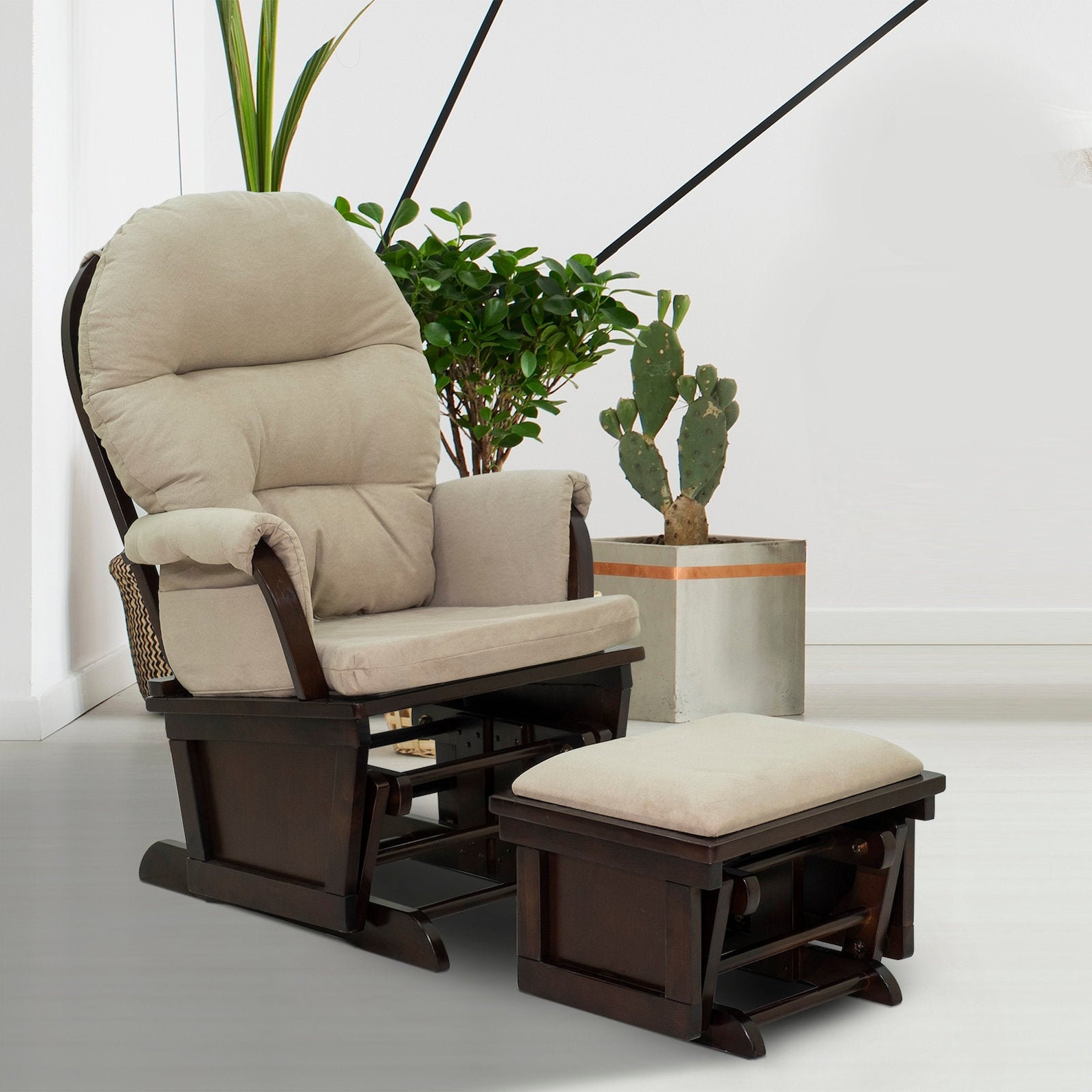 Overstuffed Wooden Gliding Rocking Chair With Ottoman Set Etsy