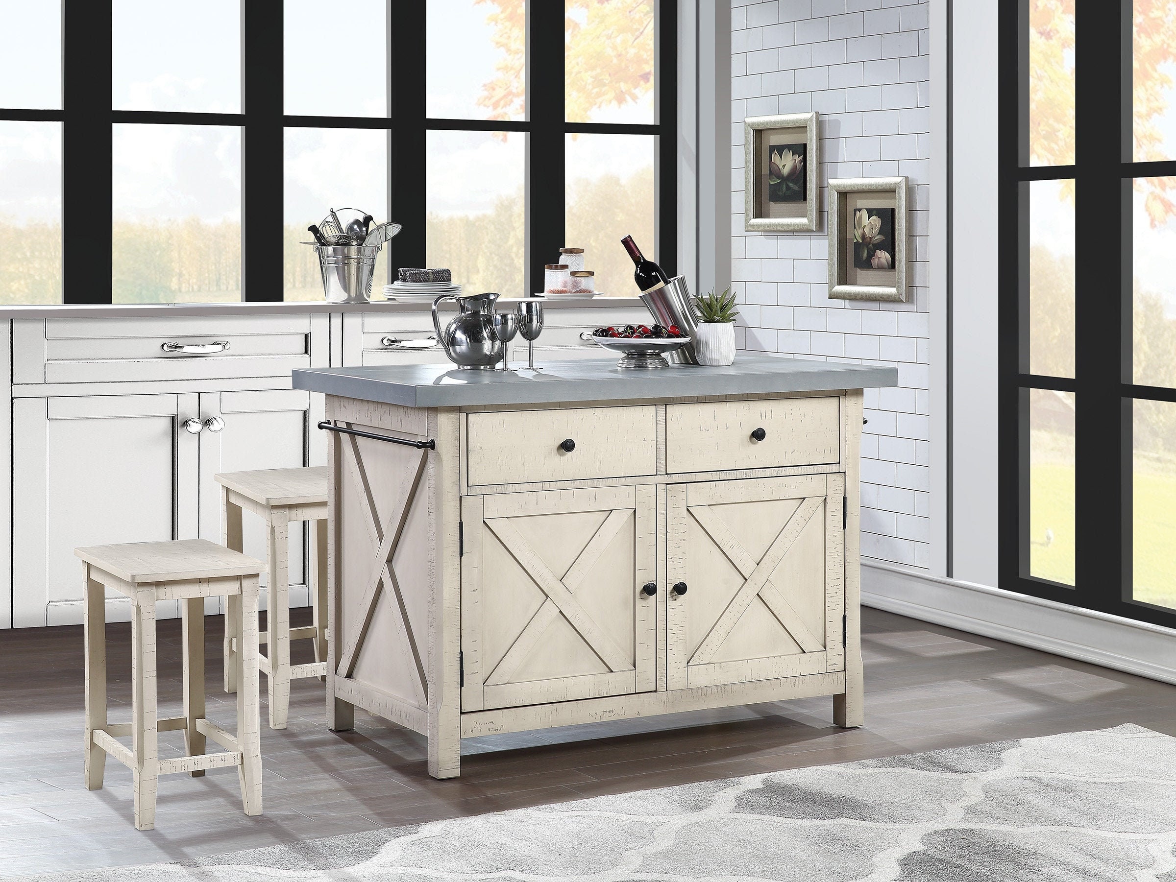 Ornate Wooden Farmhouse Kitchen Island With Two Stools Etsy