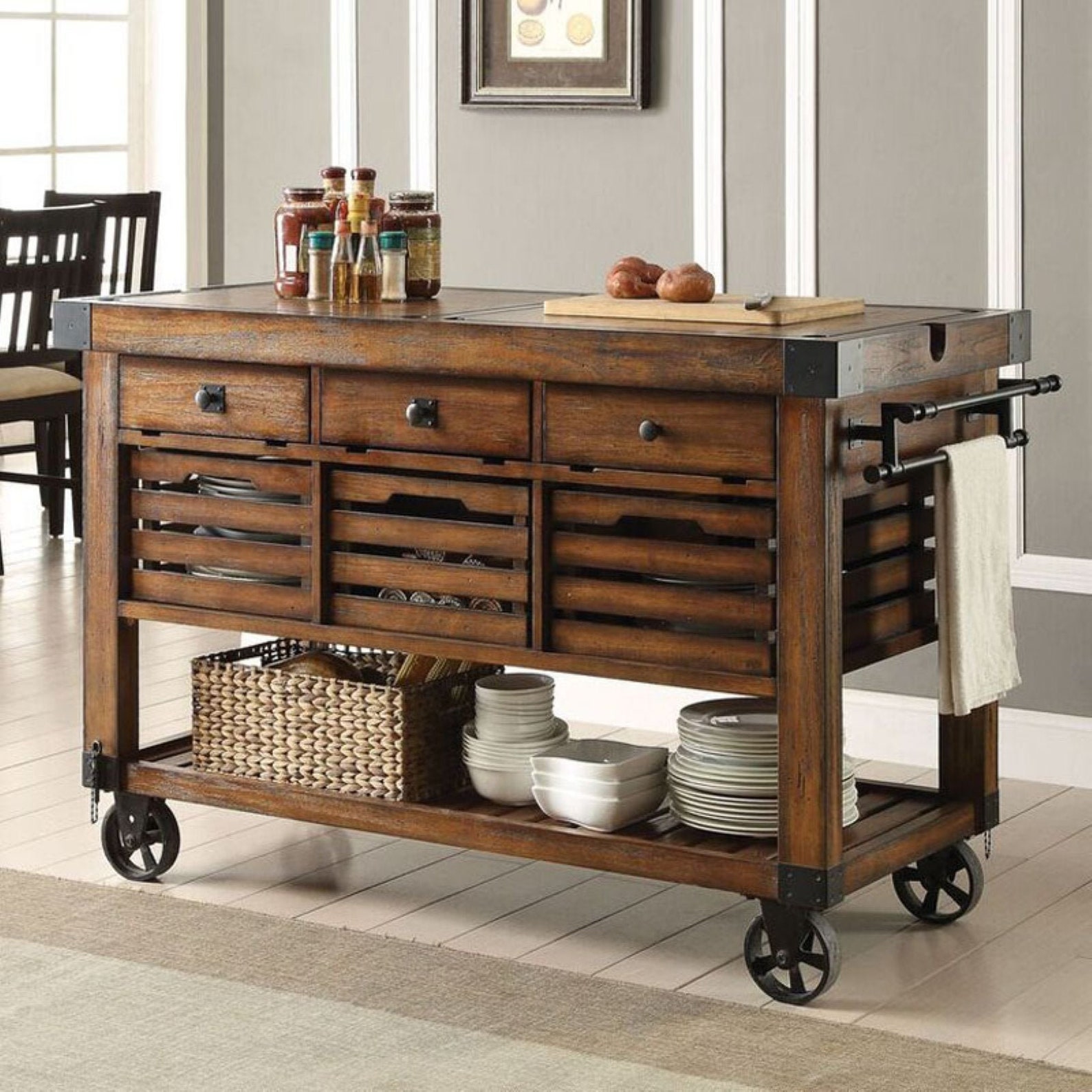 Distressed Rustic Wood Rolling Kitchen Island Cart Etsy