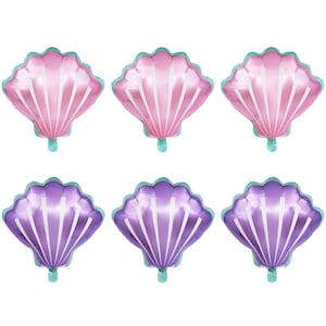 May include: Six foil balloons shaped like seashells. Three are pink with white stripes and three are purple with white stripes.