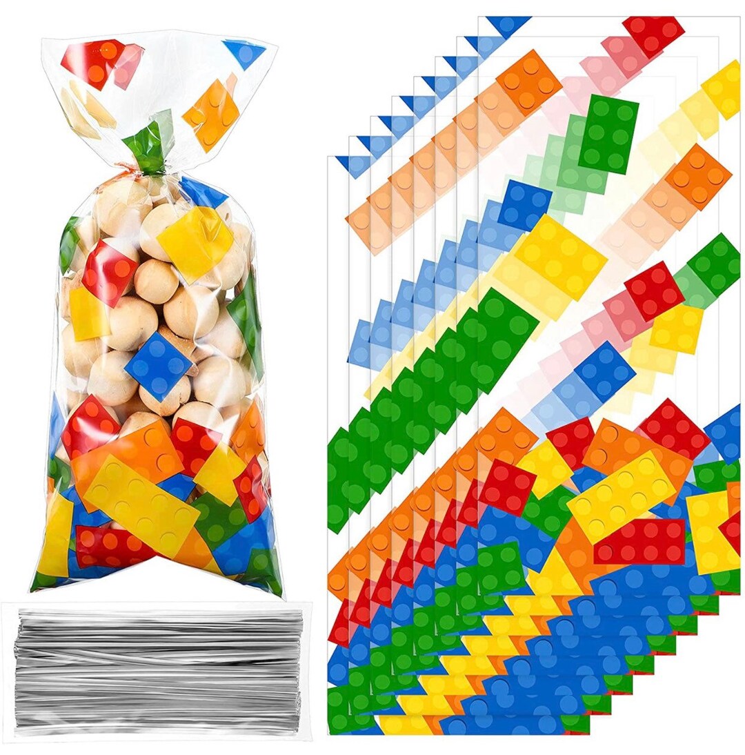 Building Blocks Treat Bags, Brick Treat Bags, Block Birthday, Block Party Decor, Cellophane Bags