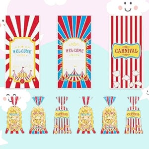 May include: Set of six red, white, and blue carnival-themed popcorn bags. The bags feature a circus tent, stars, and the words "Welcome to the Carnival" and "Carnival".