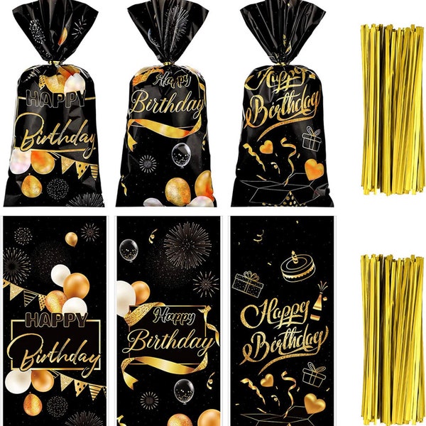 Black and gold Treat Bags, black and gold favor  Bags, black and gold birthday, black and gold party favors, black and gold cellophane bags