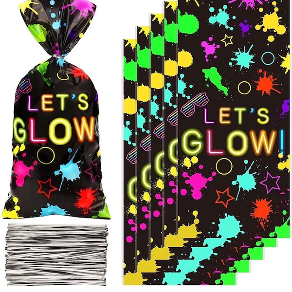 Glow Treat Bags, glow  favor  Bags, glow birthday, glow party favors, glow cellophane bags, neon treat bags, neon party, neon birthday, neon