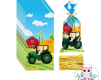 May include: A stack of 25 green and yellow tractor-themed cellophane treat bags with twist ties. The bags feature a cartoon tractor, a red barn, and a windmill.