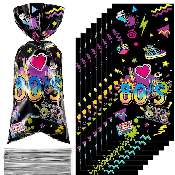1980s Party Cellophane Bags, 80s Gift Treat Bag Goodie Candy, I Love Retro Themed for Hip Hop Throwback, 80s treat bags, 80s gift bags