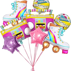 May include: A set of 8 colorful foil balloons featuring a boombox, roller skates, and stars. The balloons have the text "Happy Birthday" on them.