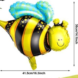 May include: A yellow and black bee-shaped balloon with a blue and green patterned wing. The balloon is 36 cm tall and 41.5 cm wide.