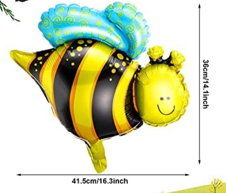 May include: A yellow and black bee-shaped balloon with a blue and green patterned wing. The balloon is 36 cm tall and 41.5 cm wide.