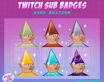 May include: Six different Twitch sub badges featuring a green, red, silver, yellow, blue, and purple gnome with a pointy hat. The badges are available in three sizes: 72px x 72px, 36px x 36px, and 18px x 18px.