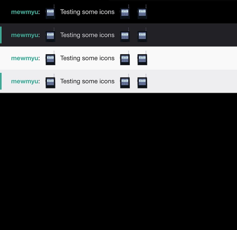 May include: A screenshot of a computer screen showing a chat window with the text "mewmyu: Testing some icons" and several icons of a black phone with a white screen.