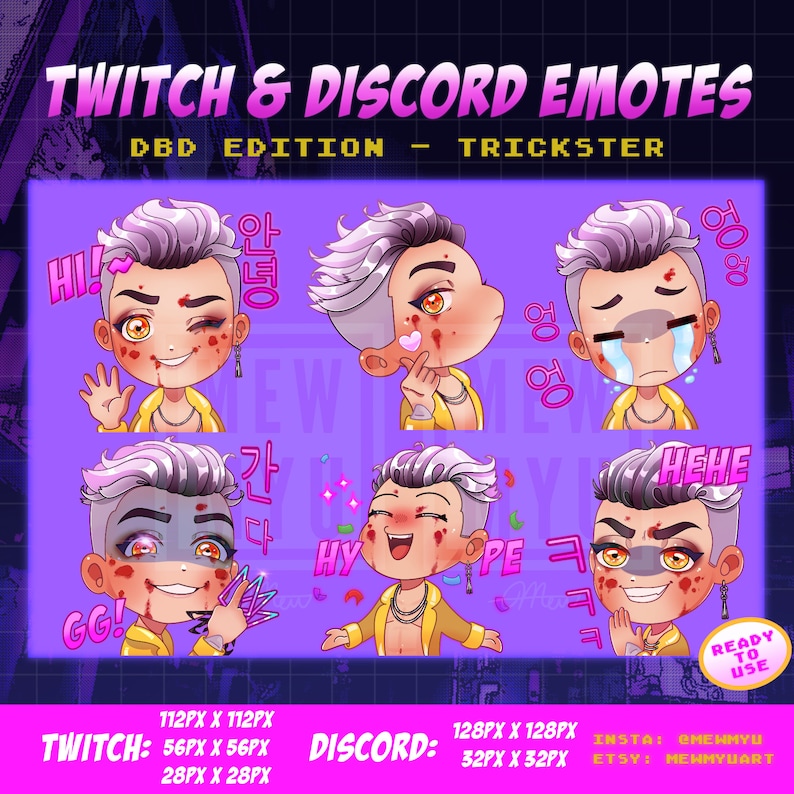 May include: A set of eight digital emotes featuring a cartoon character with purple hair, yellow clothing, and various facial expressions. The emotes are designed for use on Twitch and Discord. The text "HI!"  "안녕" "WA" "GG!" "간" "HY" "PE" "HEHE" is included in the image.