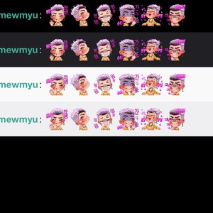 May include: A set of eight animated stickers featuring a cartoon character with purple hair and a yellow shirt. The character is shown in various poses, including waving, crying, and celebrating. The stickers include Korean text and the words "GG!" and "Hype".