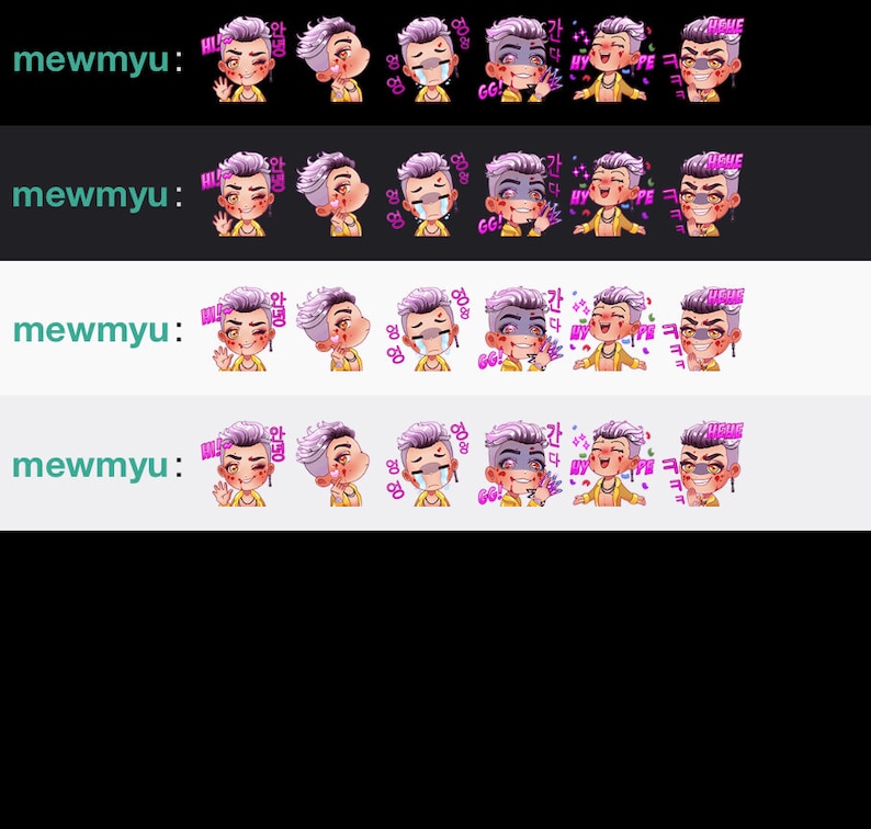 May include: A set of eight animated stickers featuring a cartoon character with purple hair and a yellow shirt. The character is shown in various poses, including waving, crying, and celebrating. The stickers include Korean text and the words "GG!" and "Hype".