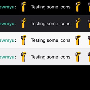 May include: A yellow and black digital infrared thermometer with a black display screen. The text "mewmyu: Testing some icons" is displayed above the thermometer.