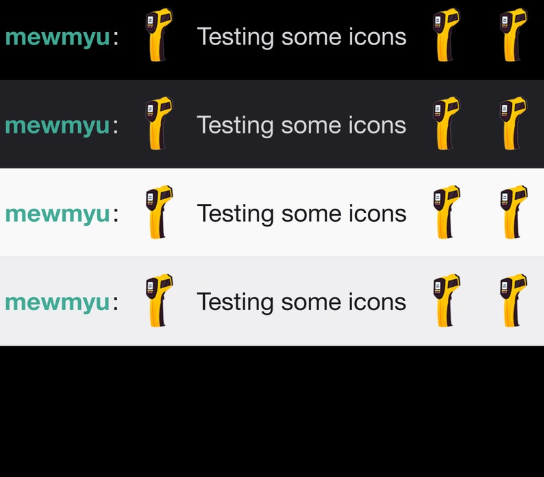 May include: A yellow and black digital infrared thermometer with a black display screen. The text "mewmyu: Testing some icons" is displayed above the thermometer.