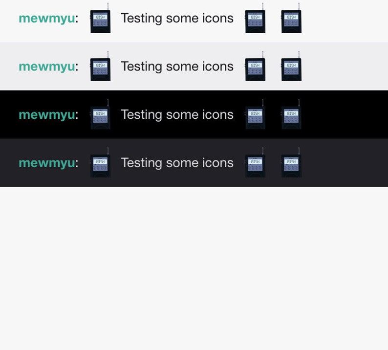 May include: Four black and gray icons with the text "BISH" on a white background. The text "Testing some icons" is above the icons.