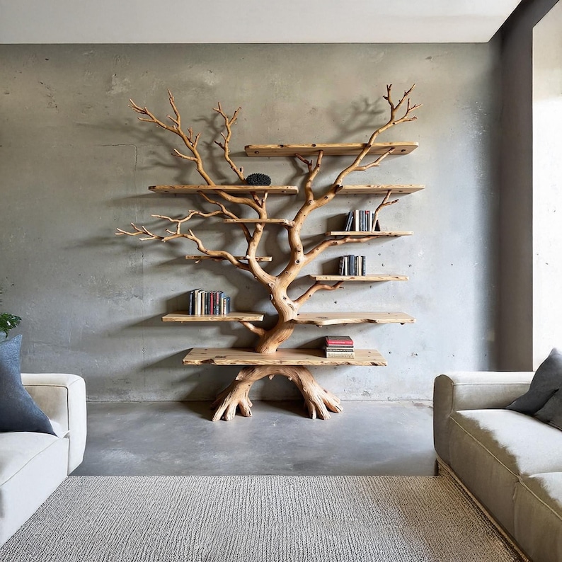 Floating Driftwood Tree Branch Bookshelf Wall Mount Bookcase Solid Wood ...