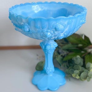 Fenton blue cabbage rose pedestal bowl