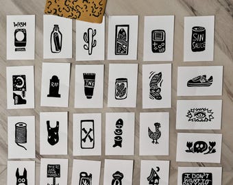 5-Pack Mystery Mini Art Prints – Handmade Linocut-Style Art, Quirky Black & White Illustrations